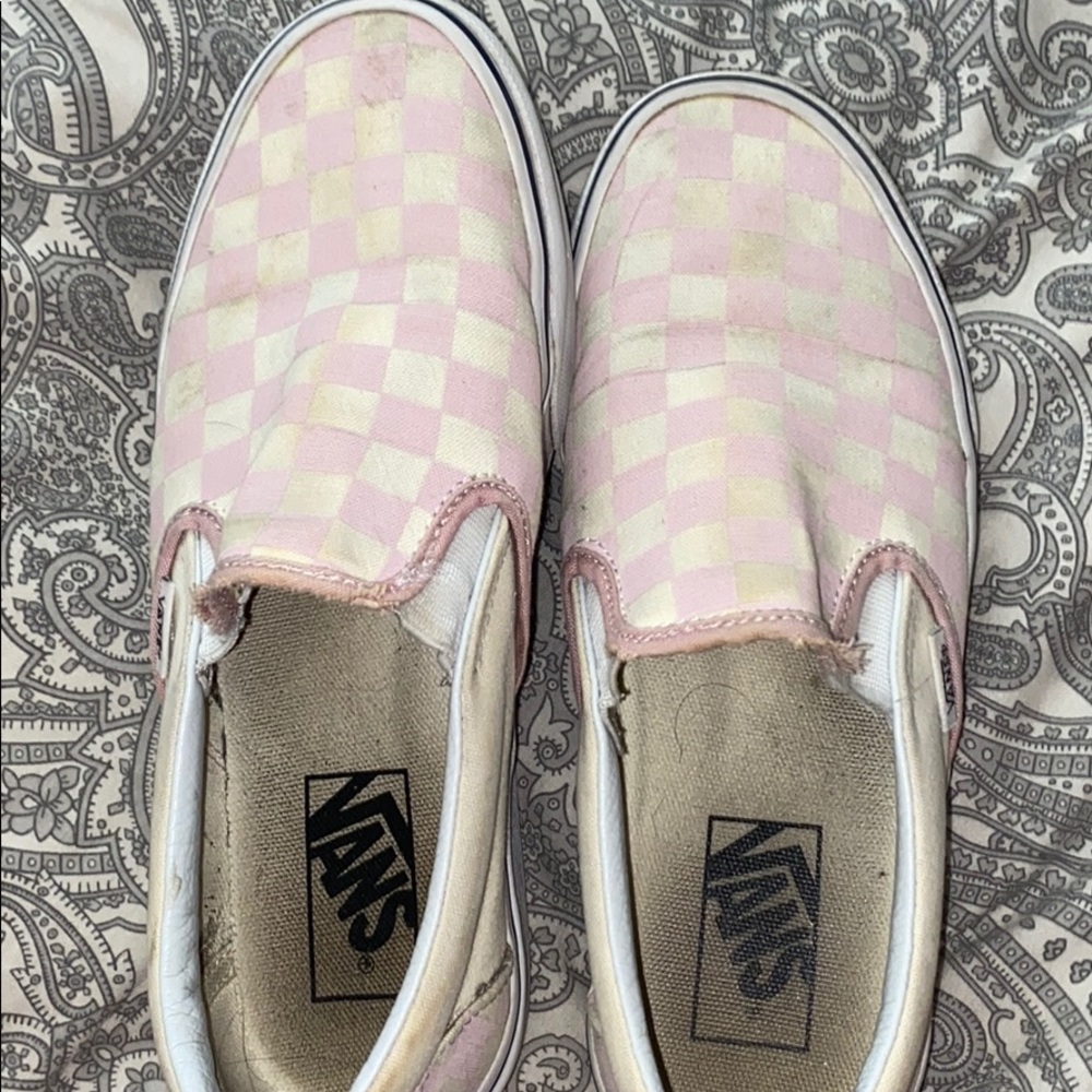 Pink checkered slip on vans